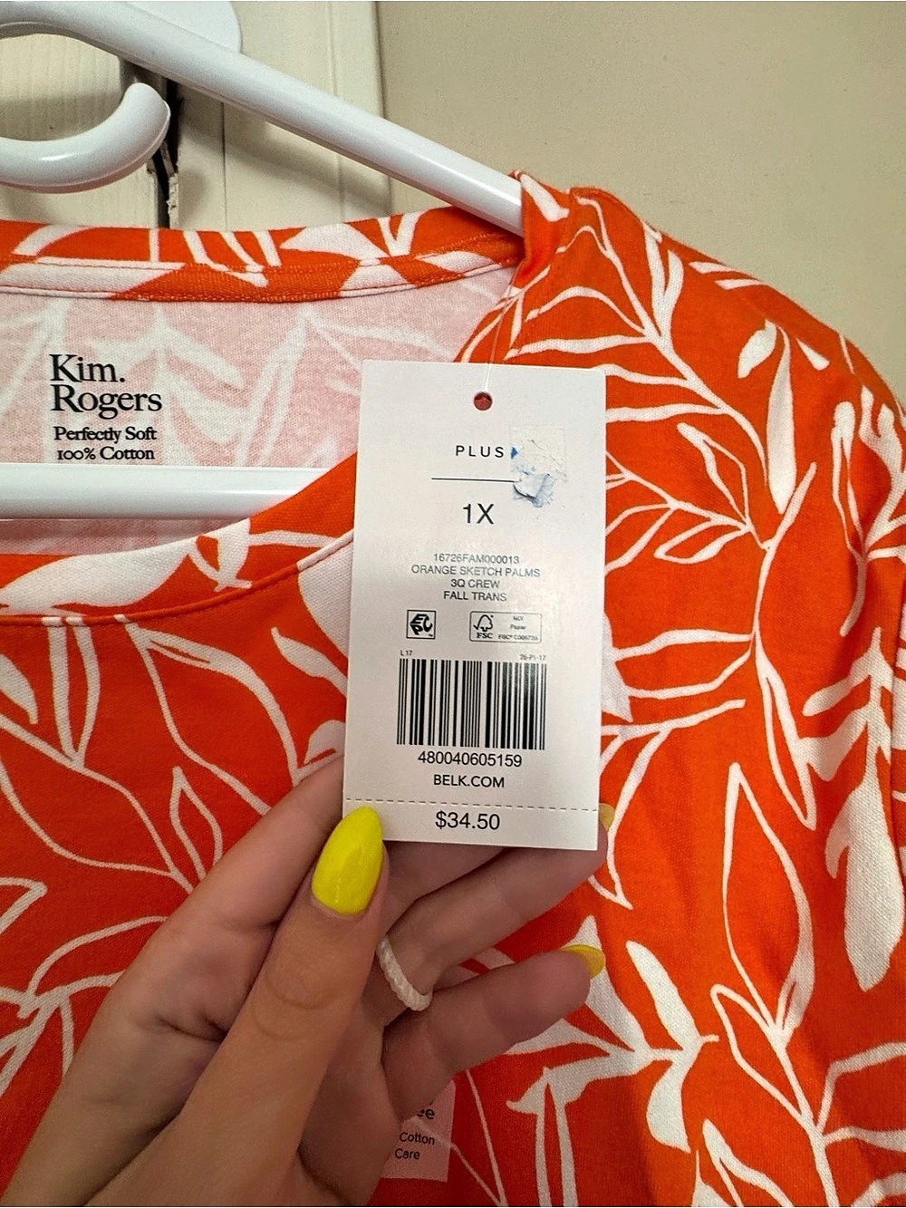 Kim Rogers Plus Size 3/4 Sleeve Printed Shirt Tunic Orange & White 1X - Picture 3 of 6